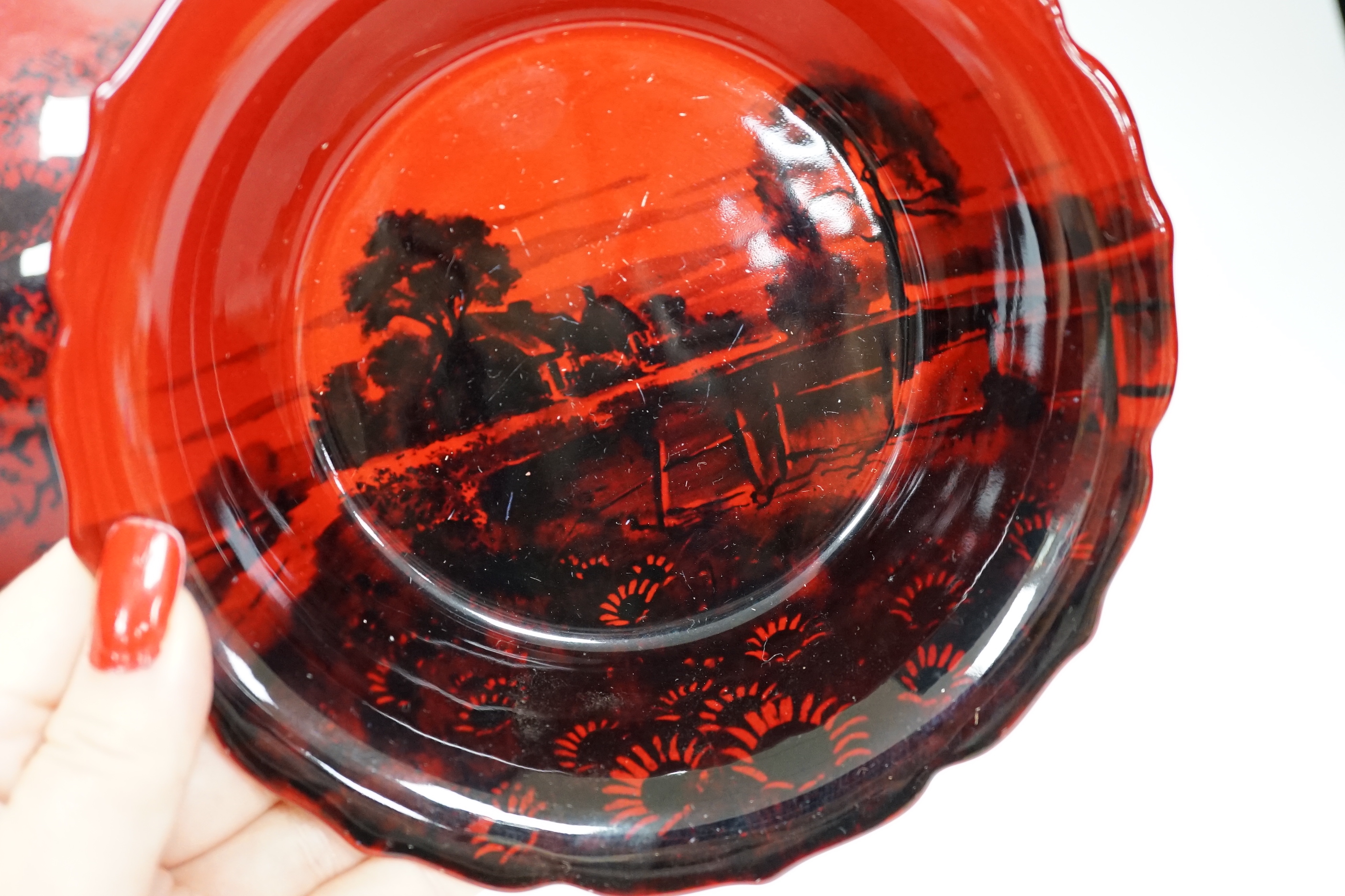 A Royal Doulton Flambé vase and bowl, the largest 22cm high